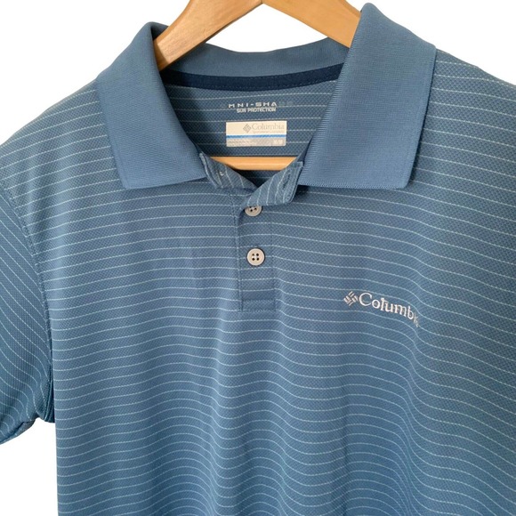 Columbia Sportswear Mens M Omni Shade Polo Shirt Blue Striped Sun Protection - Picture 3 of 6